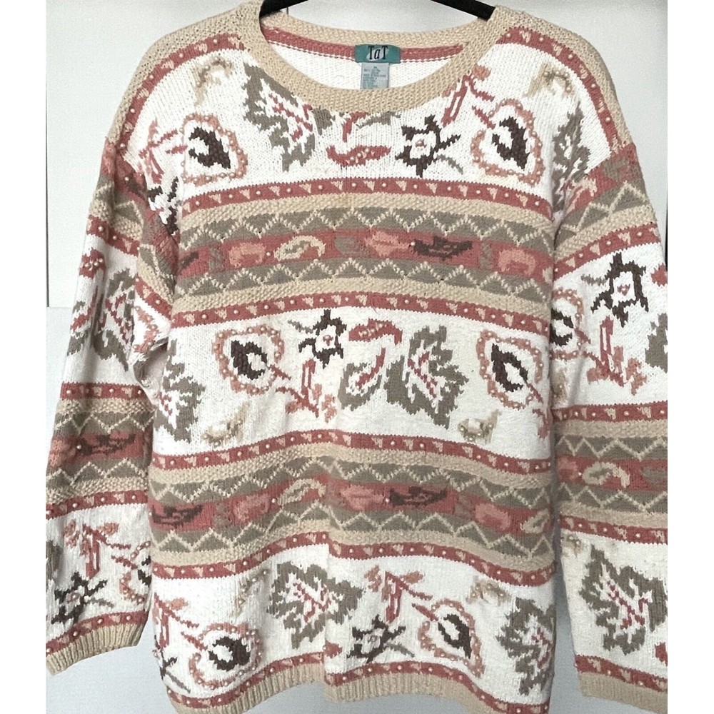Vintage Tat Boxy Earthy Leaf Print 100% Cotton Knit Pullover Sweater sz Medium